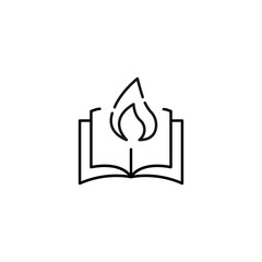 Encyclopedia, science, education signs. High quality symbol for stores, books, articles, sites. Editable stroke. Vector line icon of fire or flame over opened book