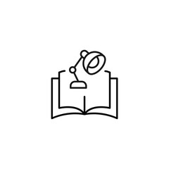 Encyclopedia, science, education signs. High quality symbol for stores, books, articles, sites. Editable stroke. Vector line icon of table lamp over opened book