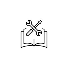 Encyclopedia, science, education signs. High quality symbol for stores, books, articles, sites. Editable stroke. Vector line icon of renovation tools over opened book