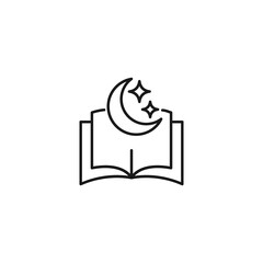Encyclopedia, science, education signs. High quality symbol for stores, books, articles, sites. Editable stroke. Vector line icon of stars and Moon over opened book