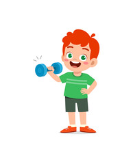 Fototapeta premium little kid do workout with lift dumbbell