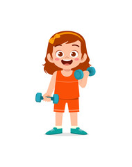 little kid do workout with lift dumbbell