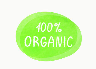 Vector illustration of a green hand drawn food label with text - 100% organic isolated on a white background.