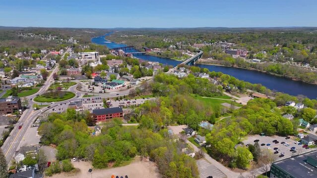 Memorial Bridge aerial view over Kennebec River in historic downtown of Augusta, Maine ME, USA. 