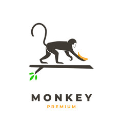 Logo illustration monkey carrying banana on the tree