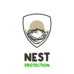 Bird nest illustration logo and shield protecting