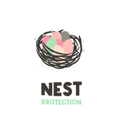 Bird's nest illustration logo with colorful eggs