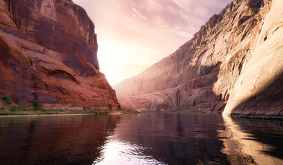 Fototapeta na wymiar Colorado River in Glen Canyon, Arizona, United States of America. American Mountain Nature Landscape Background. Sunrise Sky Art Render.