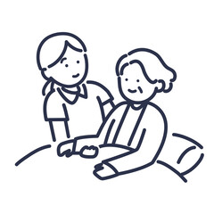 おばあちゃんをベッドから起こす介護士の線画イラスト	