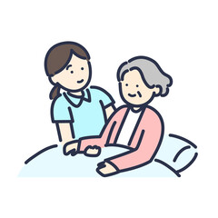 おばあちゃんをベッドから起こす介護士のカラーイラスト	
