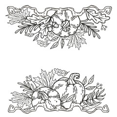 Autumn september composition with pumpkin candle and leaves. Halloween october invitation design, trick or treat decor