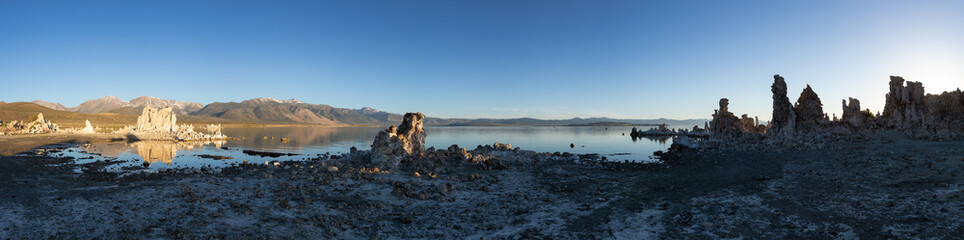 Tufa towers rock formation in Mono Lake. Sunny Sunrise. Located in Lee Vining, California, United States of America. Nature Background.