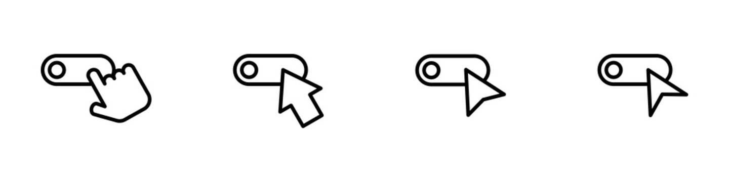 Conjunto de icono de cursor en bot&oacute;n de encender y apagar. Concepto de desplazamiento de on y off. Clic. Ilustraci&oacute;n vectorial estilo l&iacute;nea simple