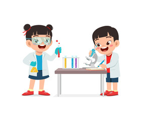 little kids wear white coat and do research