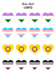 Set of pride flat design, lgbtq flags in the shape of a hearts. Hearts shaped sticker icon sign and LEBT symbols.