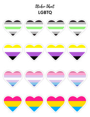 Set of pride flat design, lgbtq flags in the shape of a hearts. Hearts shaped sticker icon sign and LEBT symbols.