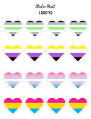 Set of pride flat design, lgbtq flags in the shape of a hearts. Hearts shaped sticker icon sign and LEBT symbols.