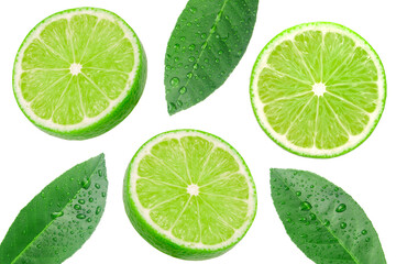 Green lime slices with leaf has water drop isolated on white background.
