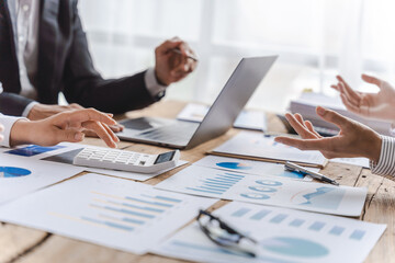 Three people teamwork company meeting concept, business partners working with laptop computer...