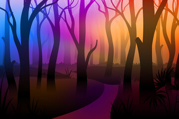 Colorful Mystical foggy forest with footpath and trees © Astira
