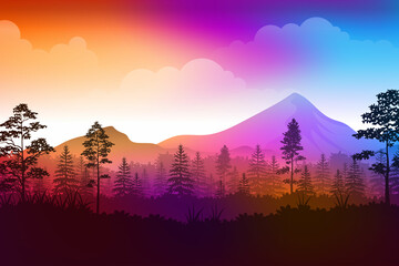 Colorful landscape mountain and forest with bright colors of sky and sunlight during sunset or sunrise