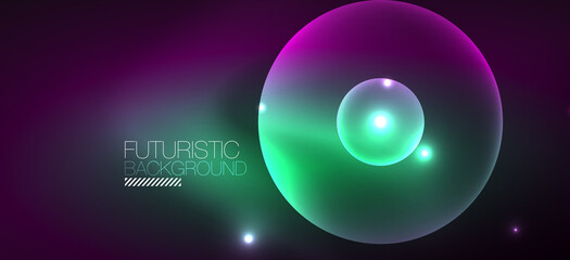 Shiny neon geometric abstract background. Glowing lights on round shapes, triangles and circles. Wallpaper for concept of AI technology, blockchain, communication, 5G, science, business