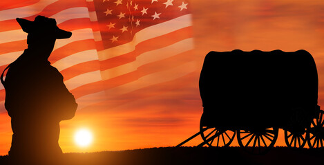 American settler on national flag background. USA. Pioneer.