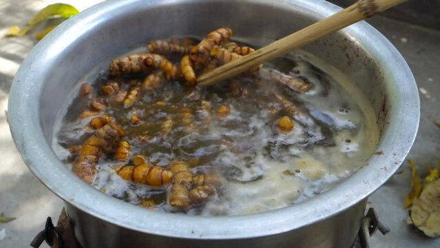 A close up shot of turmeric root being boiled in a big pot . Turmeric is a common spice that comes from the root of Curcuma longa. It contains a chemical called curcumin, which might reduce swelling.