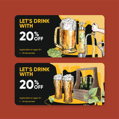 Voucher template with craft beer concept,watercolor style