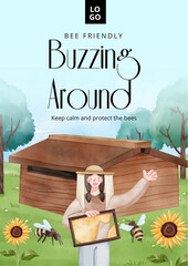 Poster template with honey bee concept,watercolor style
