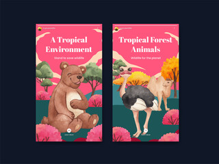 Instagram template with tropical wildlife concept,watercolor style