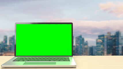 The notebook display green screen on rooftop building  for present concept 3d rendering