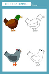 Coloring book of a  duck and chicken. Educational creative games for preschool children
