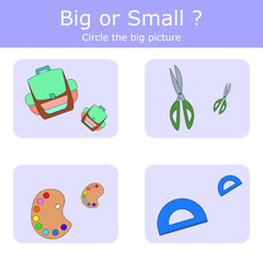Match the school stationery by size big or small. Children's educational game.