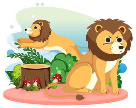 Two cute lions in flat cartoon style
