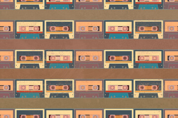 Seamless vintage pattern with audio cassettes. Graphic illustration in retro style.