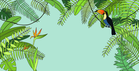 Vector illustration of exotic jungle with tropical leaves, strelitzia and toucan. Design for banner, poster, card, invitation and scrapbook