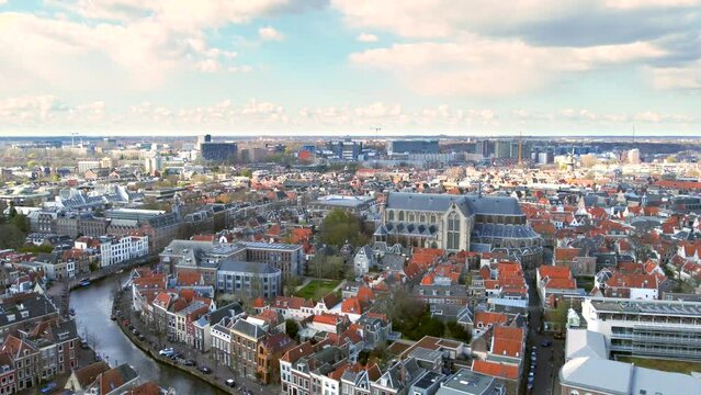 Aerial shot of the ancient city of Leiden, the Netherlands, flying towards the famous Rapenburg canal