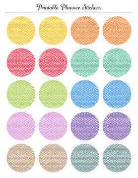 Polka dots colored circle stickers, round labels. Printable sheet for planner.