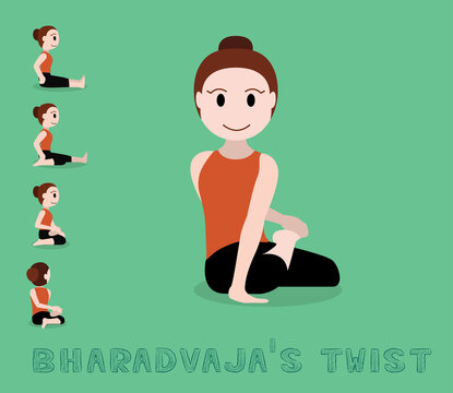Yoga Tutorial Bharadvajas Twist Pose Cartoon Vector Illustration