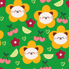 seamless pattern cartoon flower cat, cherry, lime in green background. cute animal wallpaper for gift wrap paper