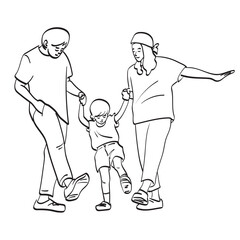line art father mother and child playing together illustration vector hand drawn isolated on white background