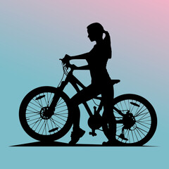 Fototapeta na wymiar A shadow. Silhouette of a girl with a bicycle. Stencil of a girl with a bicycle. Gradient background.