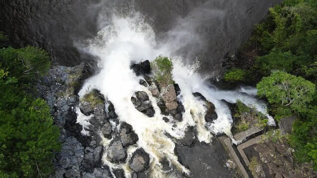 Top-down static drone footage of the Niagara falls at the Reunion island.