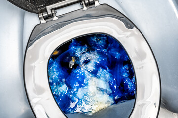 Inside a portable toilet with blue deodorizing disinfectant liquid.