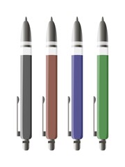 Set of four automatic ballpoint pens, red, grey, green and blue isolated on white background