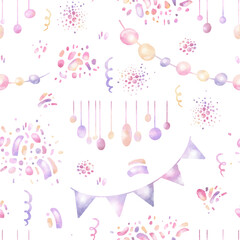 Watercolor hand drawn seamless pattern with illustration of pink, yellow garlands, hats, flags, doodles, confetti isolated on white background. Colorful elements for birthday party