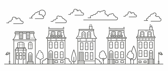 European buildings skyline. Linear cityscape with various row houses. Outline illustration with old Dutch buildings.