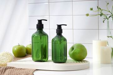 Top view of cosmetic jar in white bathroom with glassware and flower for cosmetic advertising , lifestyle content
