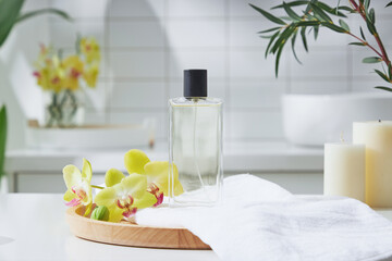 Cosmetics product and cotton towels, cottons pad with green plant on white table inside a bathroom background ceramic. 